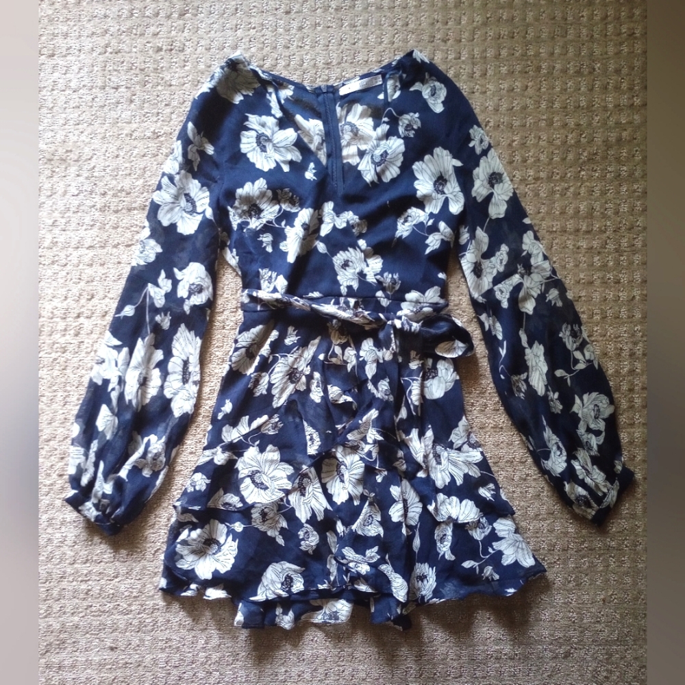 Saints and Secrets Blue And White floral Vneck long Sheer Sleeves  Dress